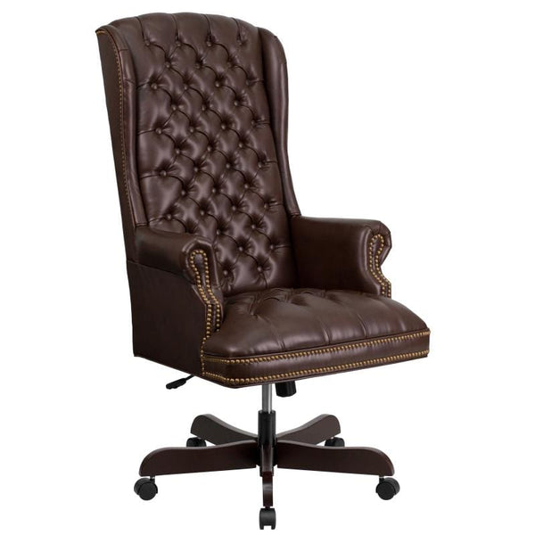 Turner High Back Traditional Fully Tufted Brown LeatherSoft Executive Swivel Ergonomic Office Chair with Arms