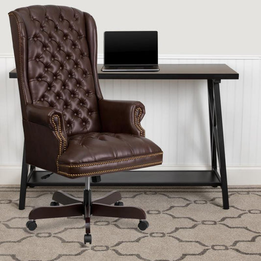 Turner High Back Traditional Fully Tufted Brown LeatherSoft Executive Swivel Ergonomic Office Chair with Arms