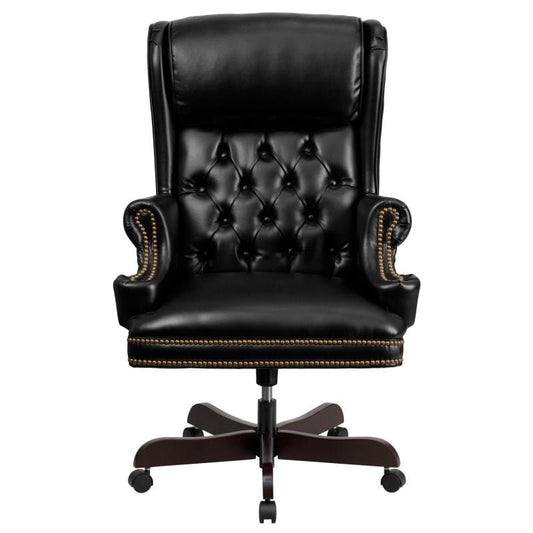 Ainslie High Back Traditional Tufted Black LeatherSoft Executive Ergonomic Office Chair with Oversized Headrest & Nail Trim Arms