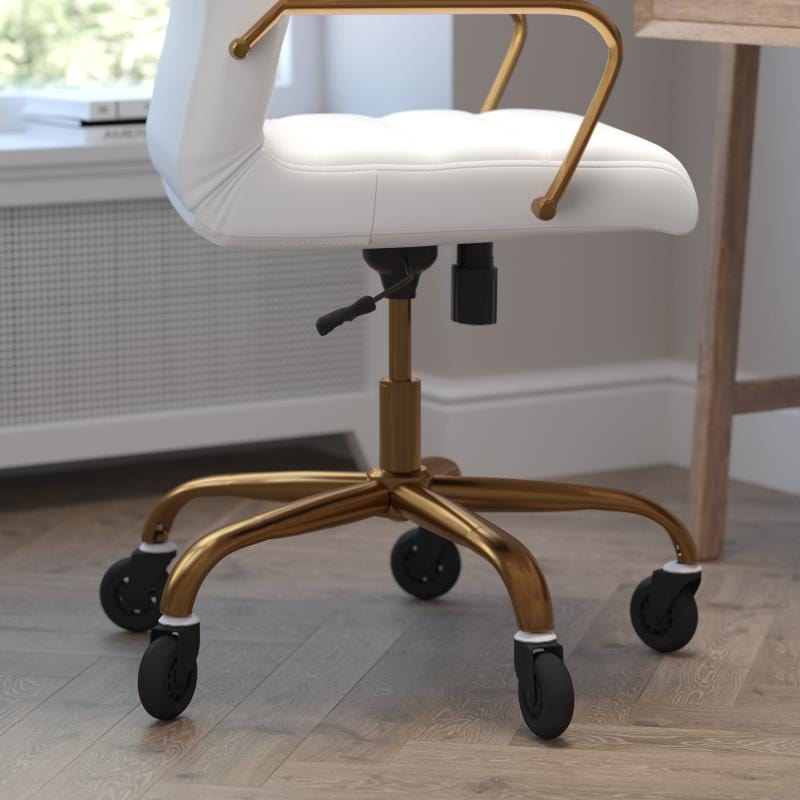 Whitney High Back White LeatherSoft Executive Swivel Office Chair with Gold Frame, Arms, and Transparent Roller Wheels