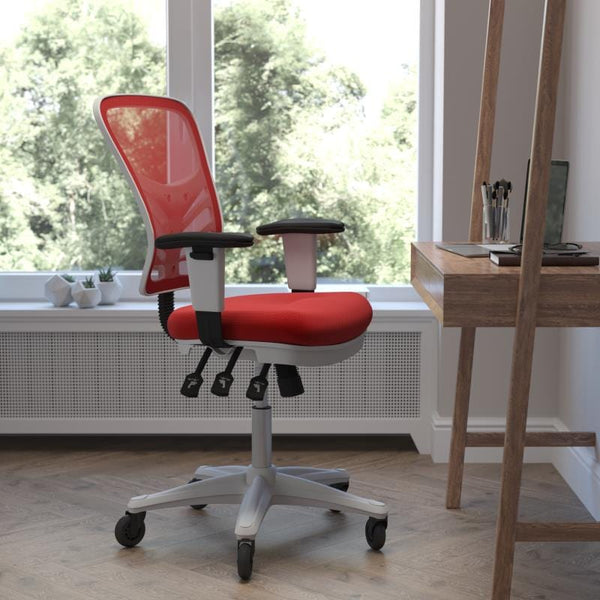 Nicholas Mid-Back Red Mesh Multifunction Executive Ergonomic Office Chair with Adjustable Arms, Transparent Roller Wheels, and White Frame