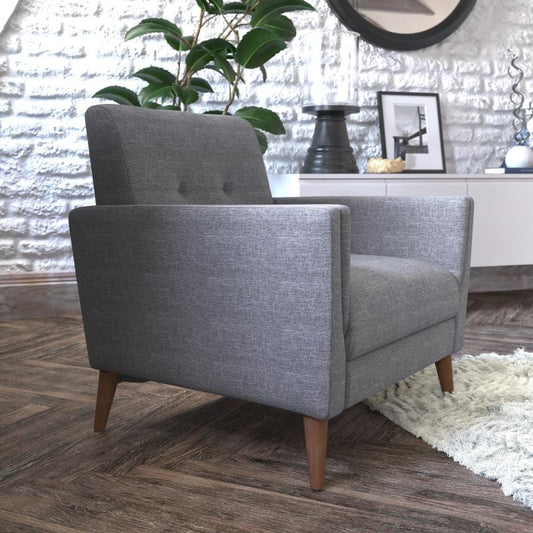 Conrad Mid-Century Modern Commercial Grade Armchair with Tufted Faux Linen Upholstery & Solid Wood Legs in Slate Gray