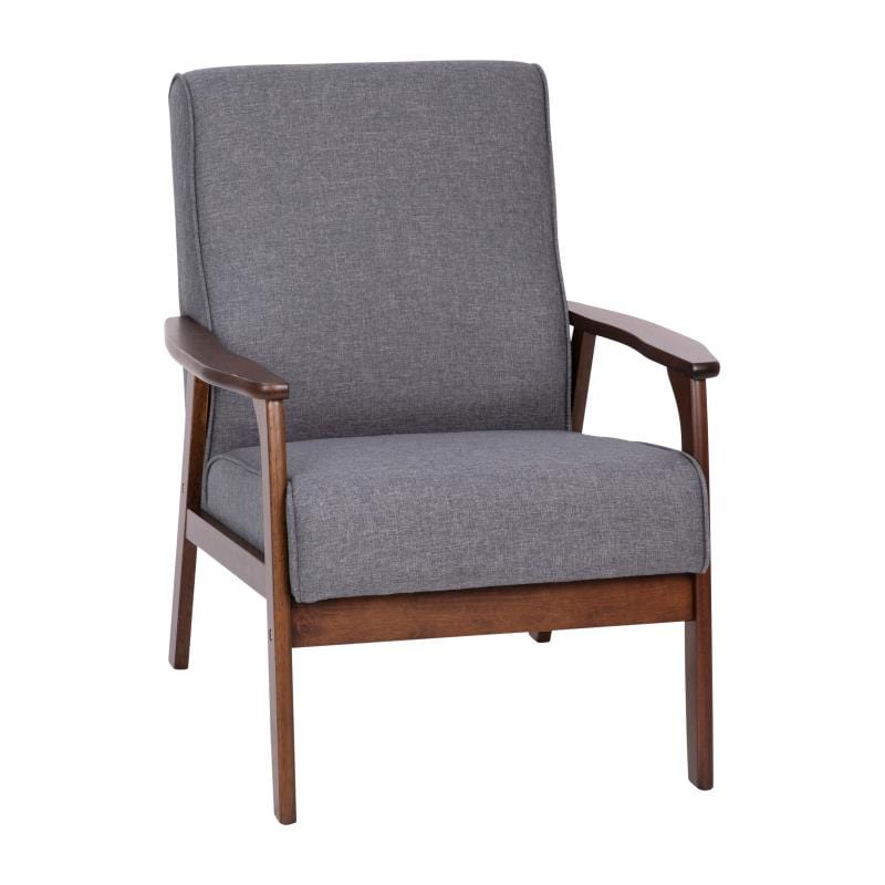 Langston Commercial Grade Faux Linen Upholstered Mid Century Modern Arm Chair with Walnut Finished Wooden Frame and Arms in Gray