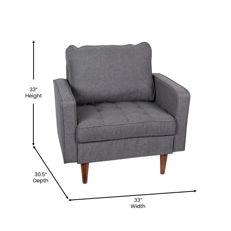 Hudson Mid-Century Modern Commercial Grade Armchair with Tufted Faux Linen Upholstery & Solid Wood Legs in Dark Gray