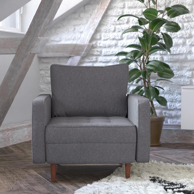 Hudson Mid-Century Modern Commercial Grade Armchair with Tufted Faux Linen Upholstery & Solid Wood Legs in Dark Gray